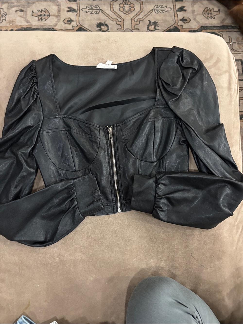 Black Faux Leather Bustier Crop Top with Puff Sleeves